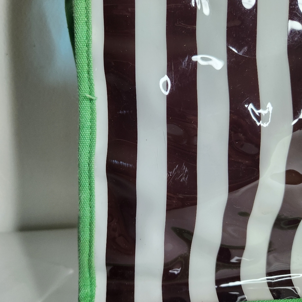 Henri Bendel Tote Bag PVC Canvas Blue Brown White Stripe Green Trim - Picture 5 of 10